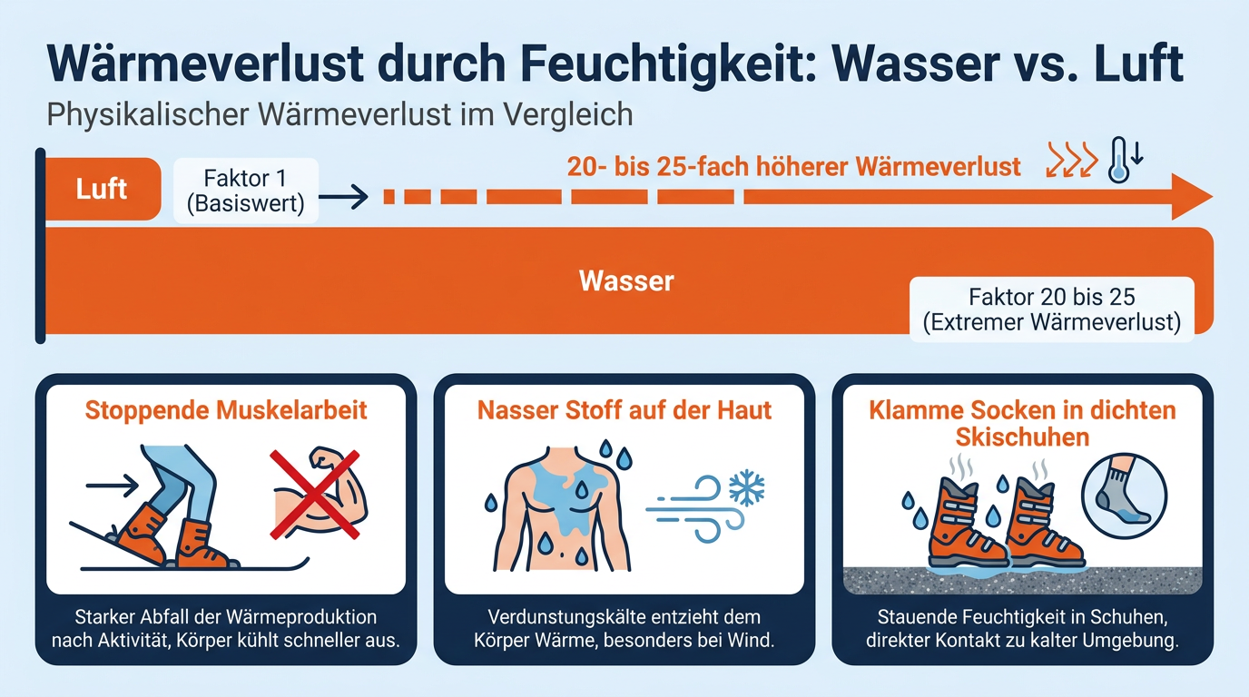 Infografik zum Vergleich der Wärmeleitfähigkeit von feuchter Kleidung gegenüber Luft nach dem Skifahren.