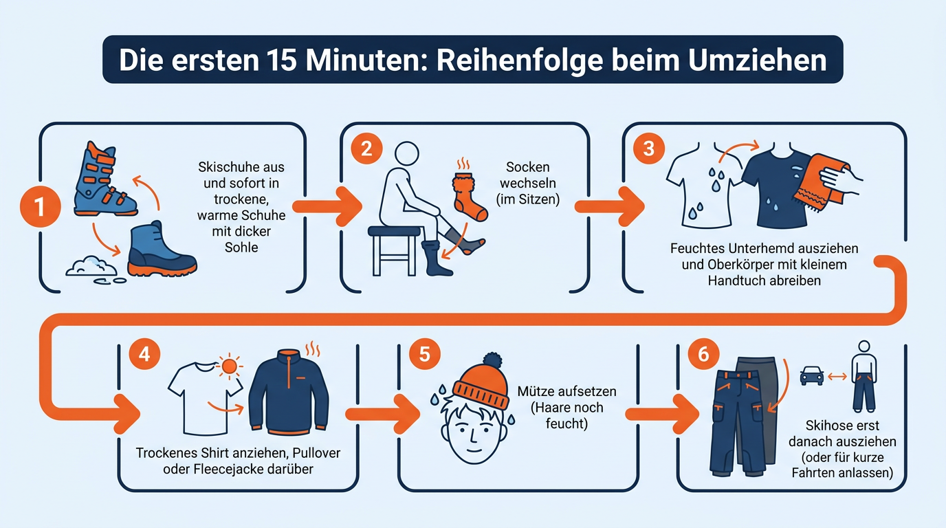 Schritt-für-Schritt-Ablauf der empfohlenen Umzieh-Reihenfolge direkt nach der letzten Abfahrt.