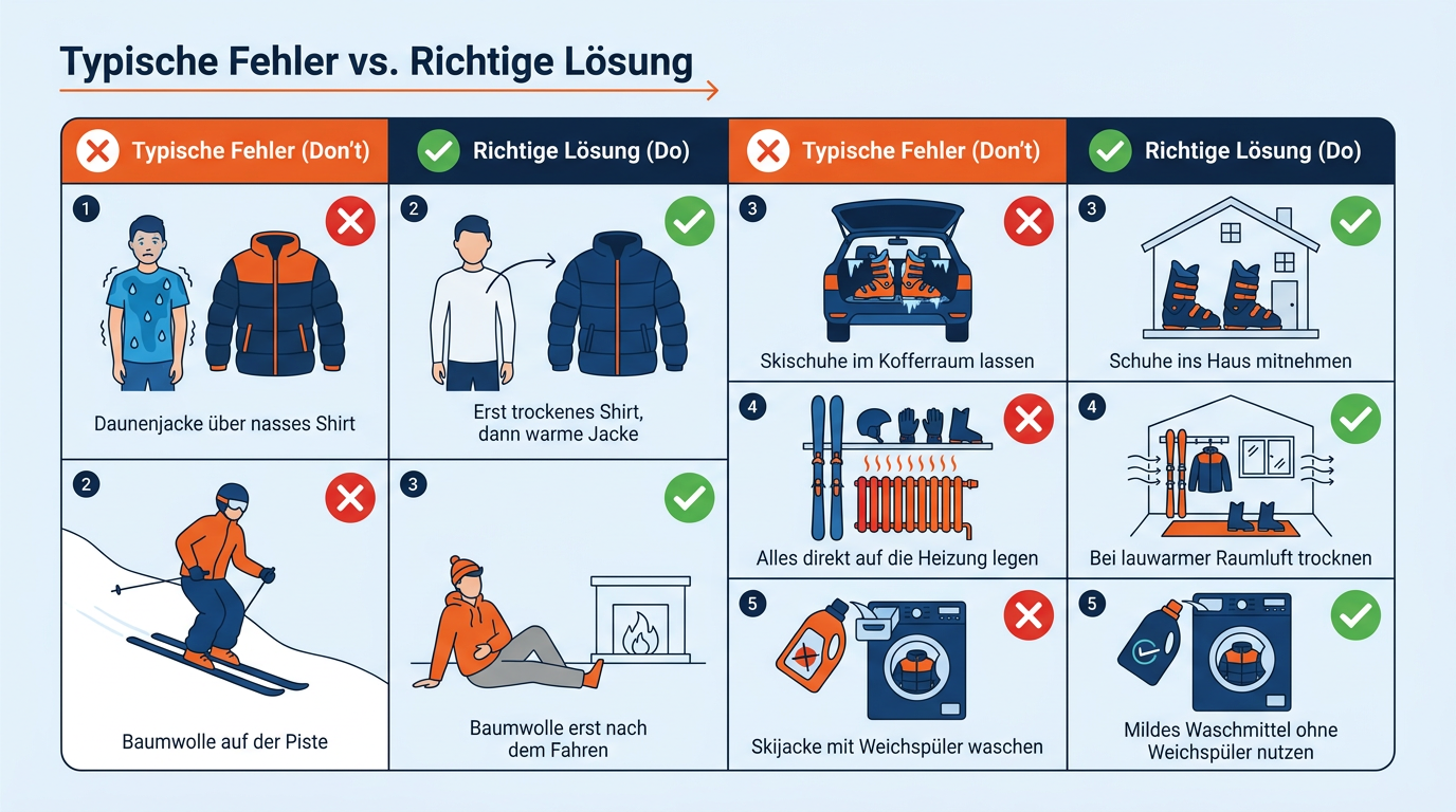 Gegenüberstellung von fünf häufigen Fehlern beim Umgang mit Skikleidung und deren richtiger Handhabung.