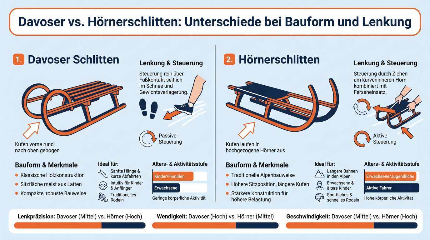Gegenüberstellung von Davoser Schlitten und Hörnerschlitten mit Kufenform, Lenktechnik und Einsatzbereich.