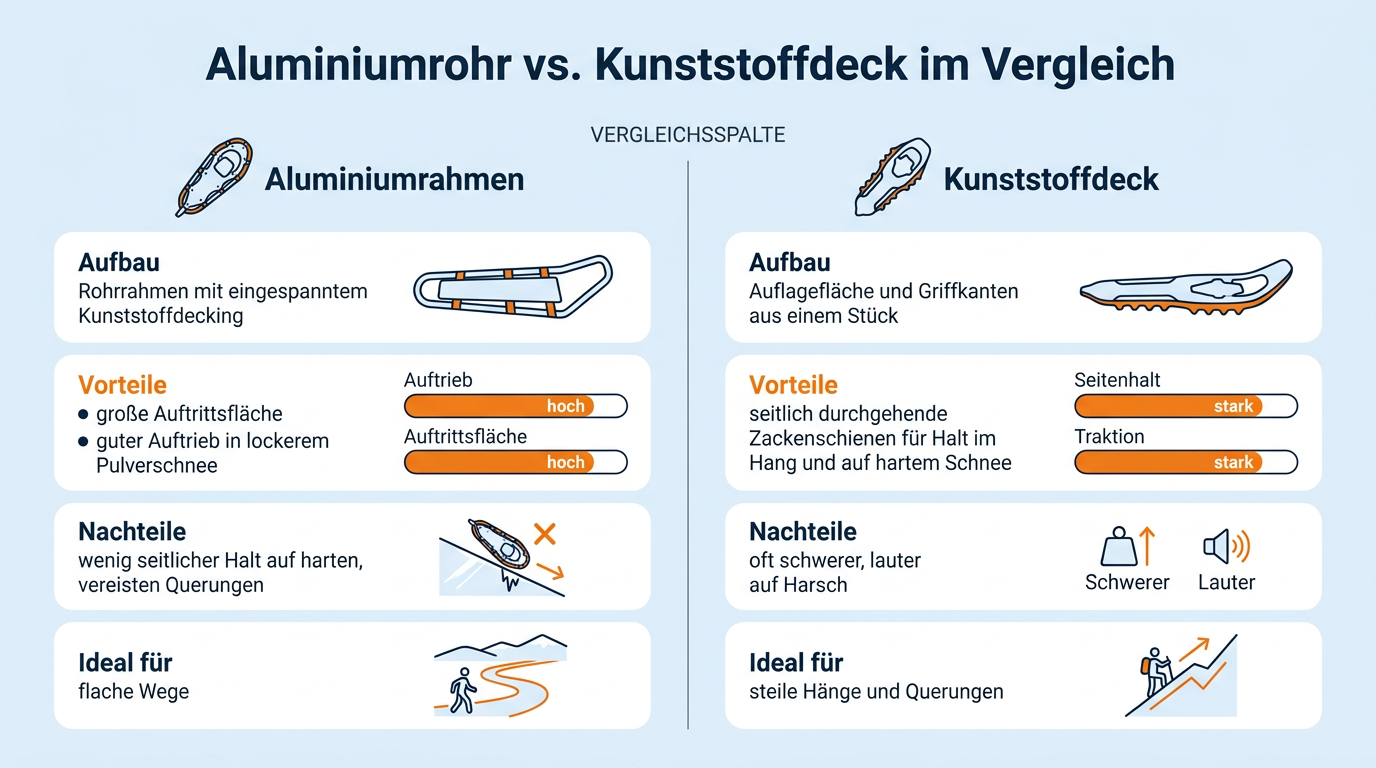 Gegenüberstellung der Vor- und Nachteile sowie Einsatzbereiche von Aluminiumrohr- und Kunststoffdeck-Schneeschuhen.