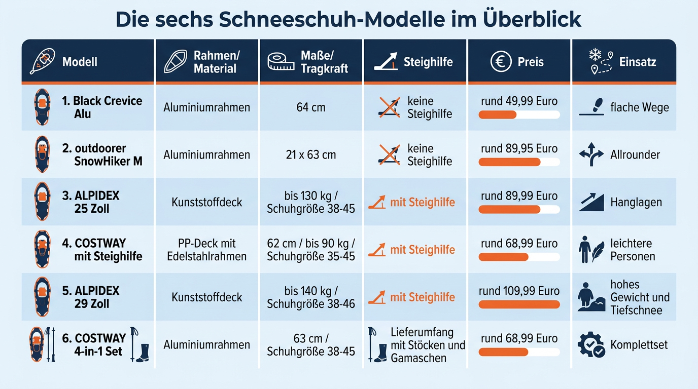 Vergleichstabelle der sechs Schneeschuh-Modelle mit Merkmalen wie Material, Steighilfe, Preis und Einsatzbereich.
