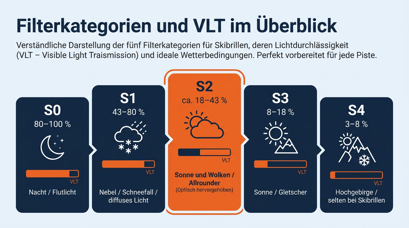 Übersicht der Skibrillen-Filterkategorien von S0 bis S4 mit Lichtdurchlässigkeit in Prozent und geeigneten Wetterbedingungen.