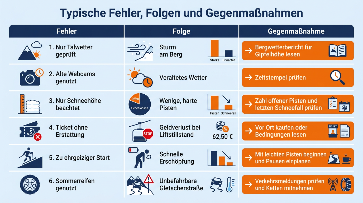 Tabelle mit sechs häufigen Fehlern bei spontanen Skitagen, den jeweiligen Konsequenzen und der richtigen Lösung.