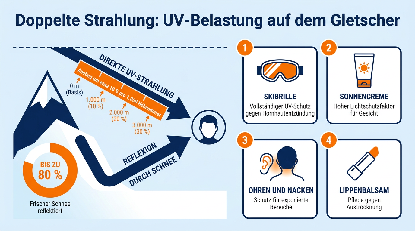 Infografik zur erhöhten UV-Belastung am Gletscher durch Höheneffekt und Reflexion von frischem Schnee.