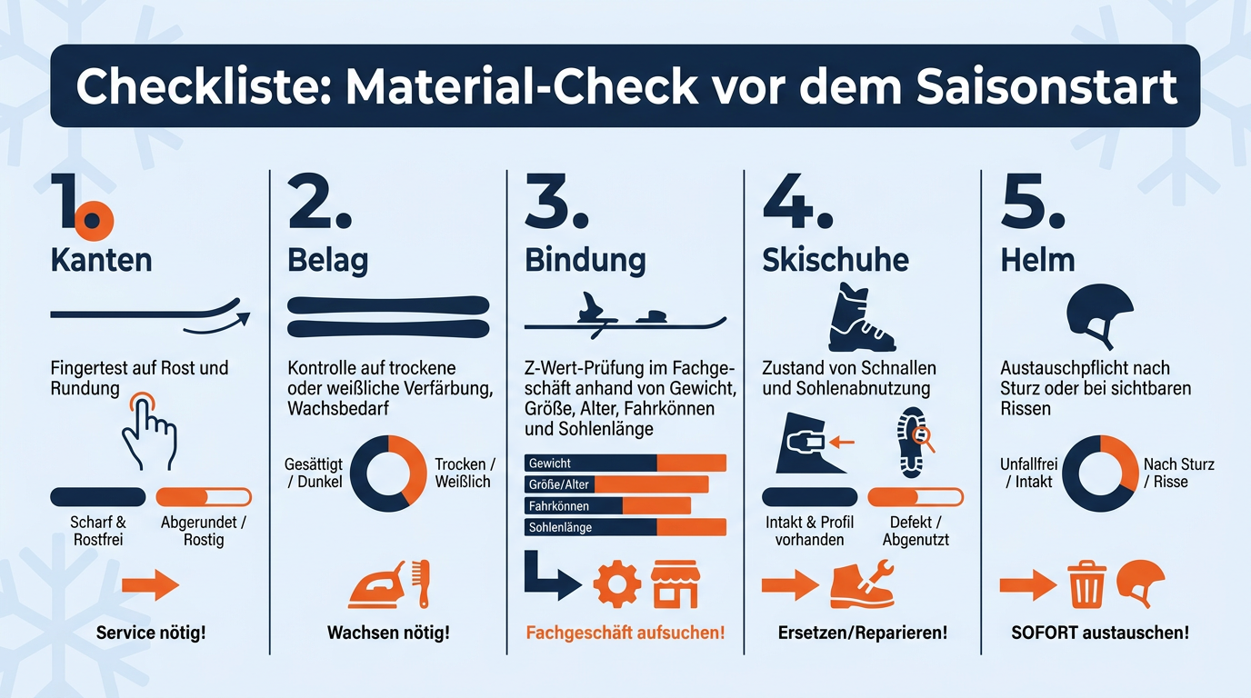 Infografik als 5-Punkte-Checkliste zur Überprüfung der Skiausrüstung vor dem ersten Skitag.