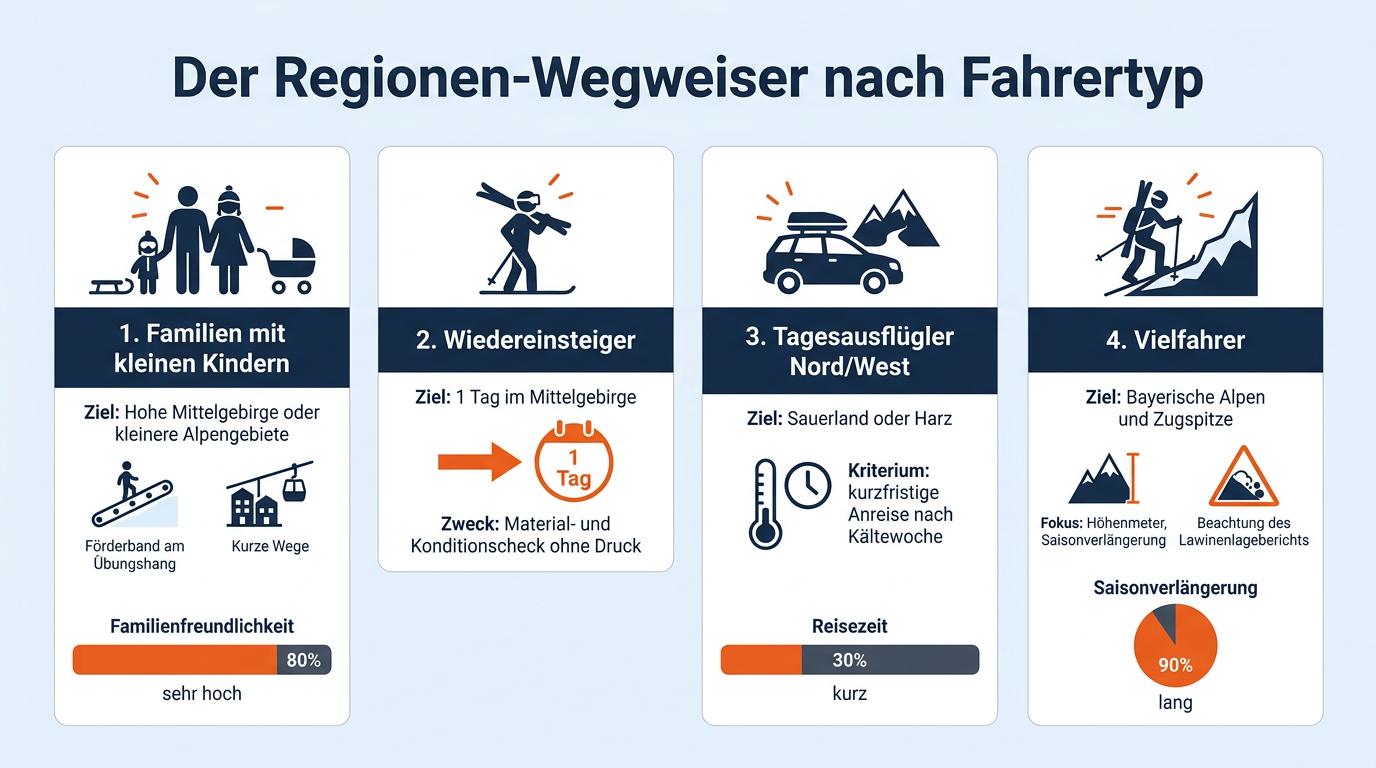 Übersichtsmatrix zur Zuordnung der passenden deutschen Skiregionen für vier unterschiedliche Fahrergruppen.
