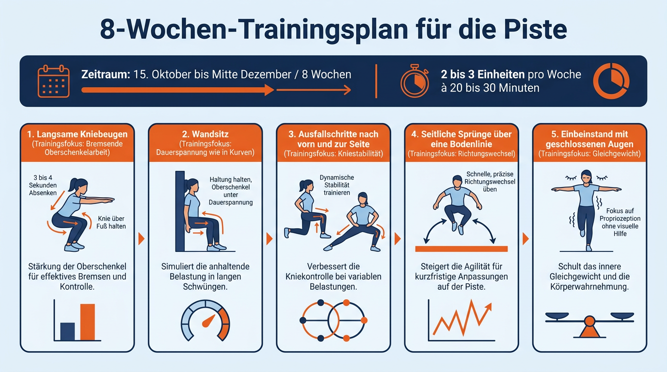 Übersicht über Trainingsumfang und fünf skispezifische Kräftigungsübungen zur Vorbereitung auf den Skiurlaub.