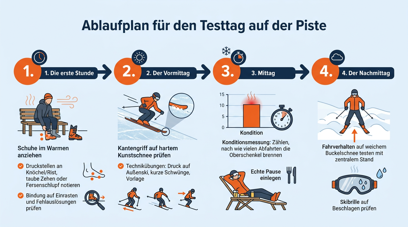 Chronologischer Zeitstrahl für den Testtag von der Liftöffnung bis zum Nachmittag.