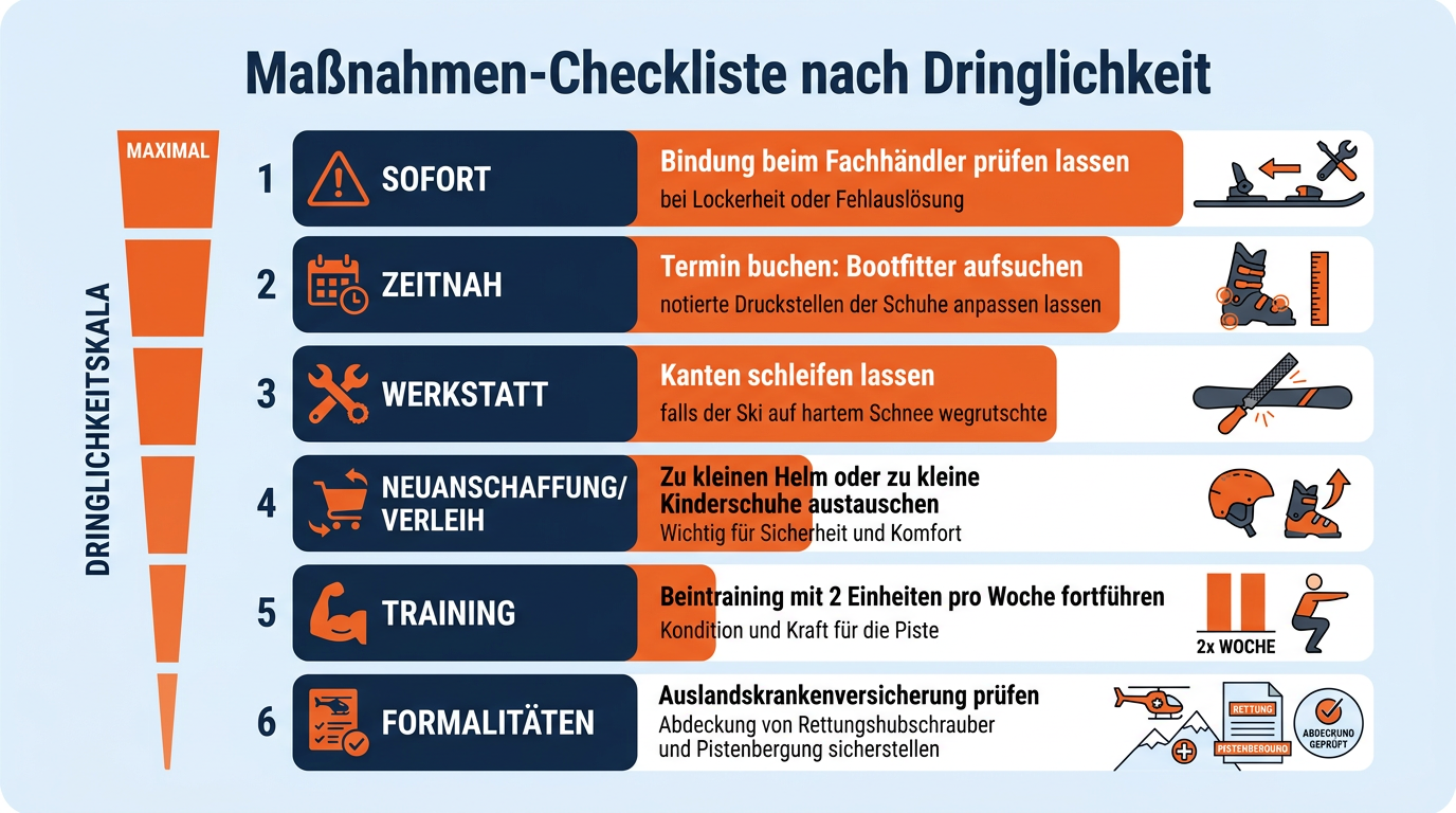Priorisierte Liste der Aufgaben nach dem Testtag bis zur Abreise in die Alpen.