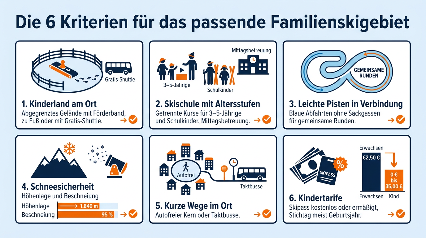 Infografik mit sechs Prüfkriterien zur Auswahl eines geeigneten Skigebiets für Familien vor der Buchung.