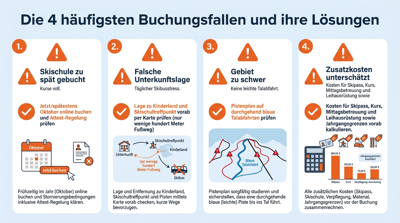 Zweispaltige Gegenüberstellung typischer Planungsfehler im Familienskiurlaub und deren Gegenmaßnahmen.