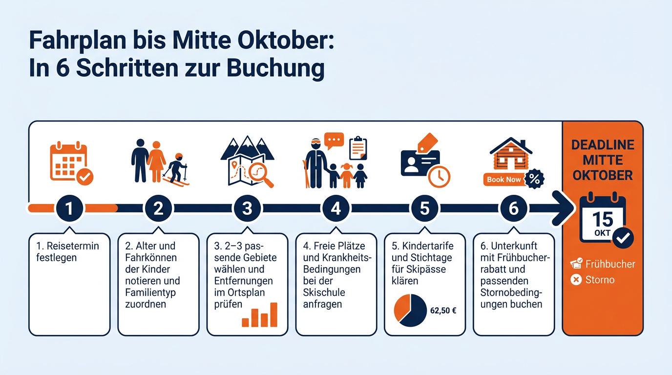 Ablaufdiagramm mit sechs konkreten Planungsschritten für Familien bis Mitte Oktober.