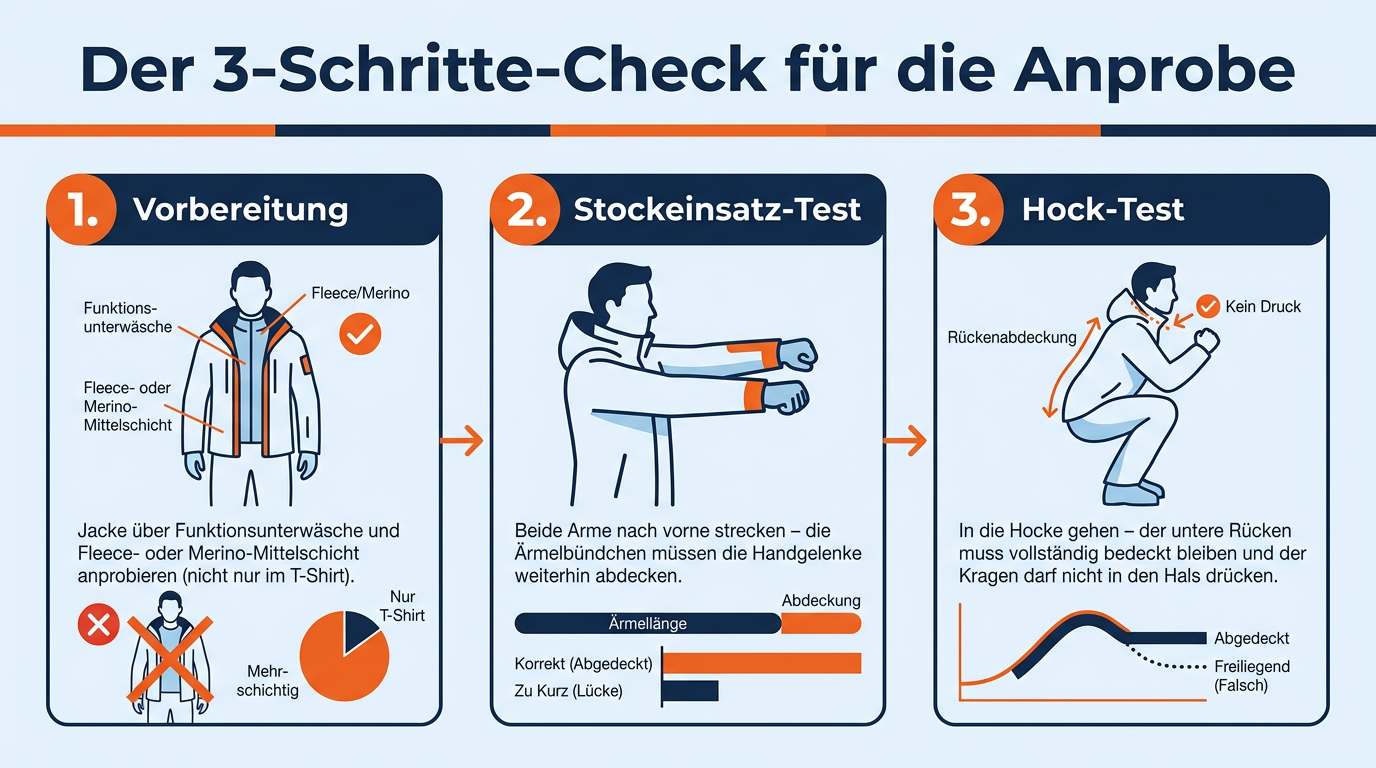 Infografik mit drei Schritten zur Prüfung der Passform einer Damen-Skijacke bei der Anprobe.