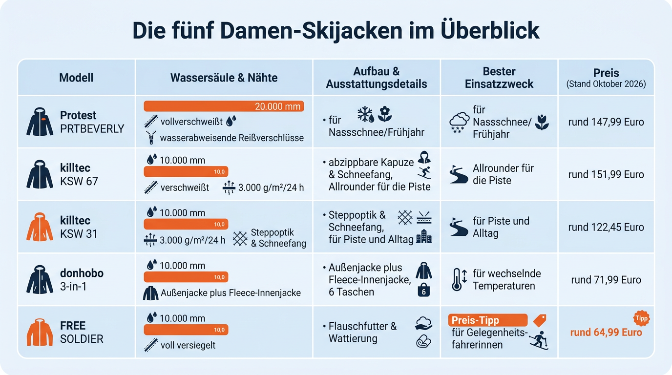 Vergleichstabelle der fünf Damen-Skijacken mit Angaben zu Wassersäule, Aufbau, Einsatzzweck und Preis.