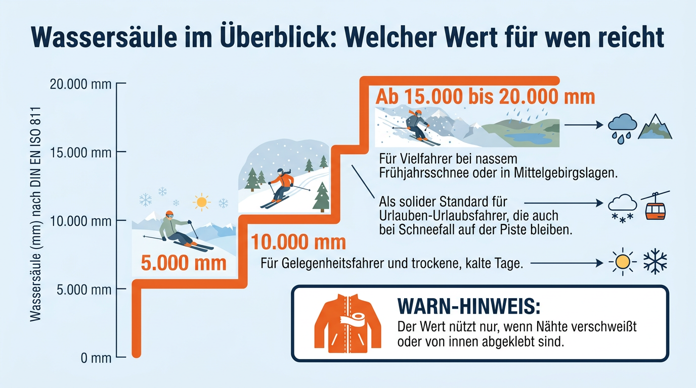 Skala der Wassersäule von 5.000 bis über 15.000 Millimeter mit den passenden Einsatzbereichen für Skifahrer.