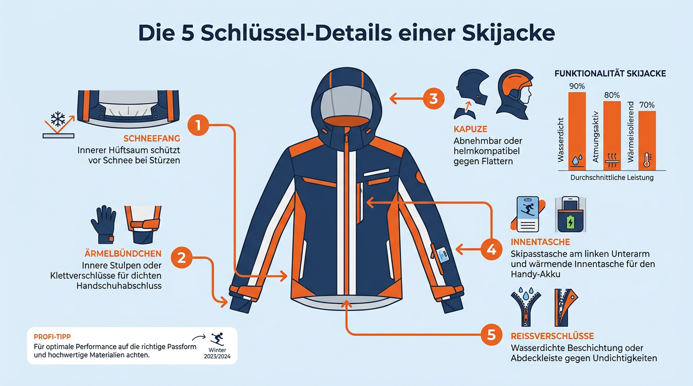 Übersicht der fünf Ausstattungsmerkmale, die eine Skijacke von einer normalen Winterjacke abheben.
