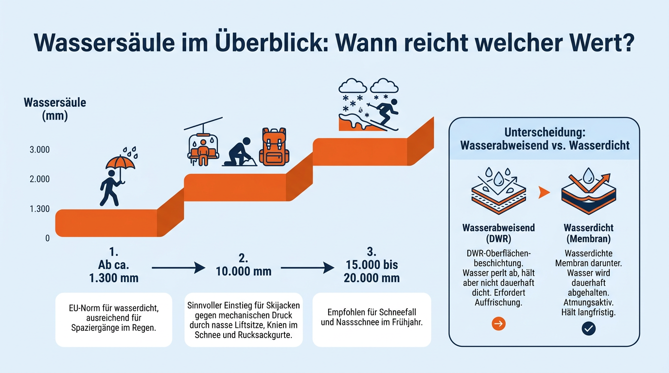 Infografik zeigt die drei Stufen der Wassersäule von 1.300 mm über 10.000 mm bis 20.000 mm und deren Einsatzbereiche beim Skifahren.