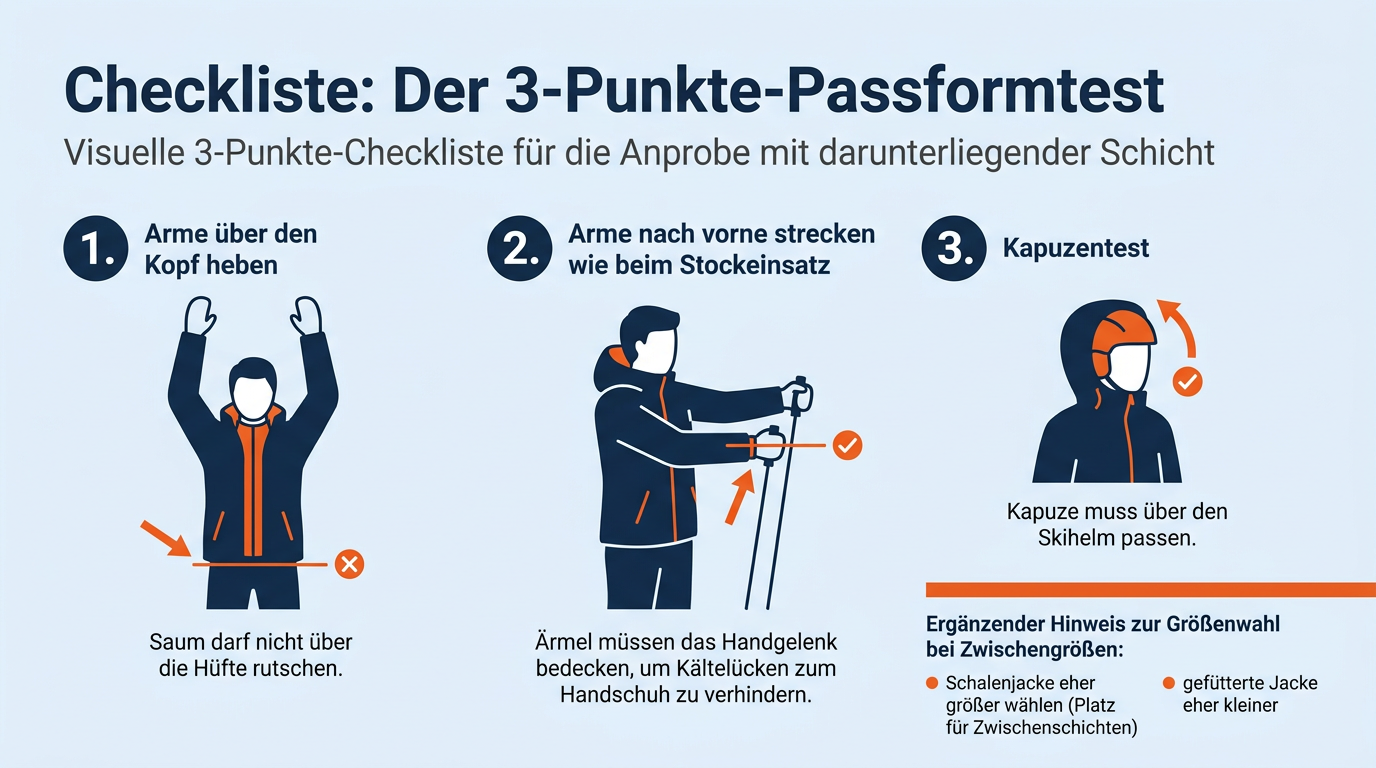 Infografik veranschaulicht drei Bewegungstests zur Passform einer Skijacke sowie eine Entscheidungshilfe für Zwischengrößen.