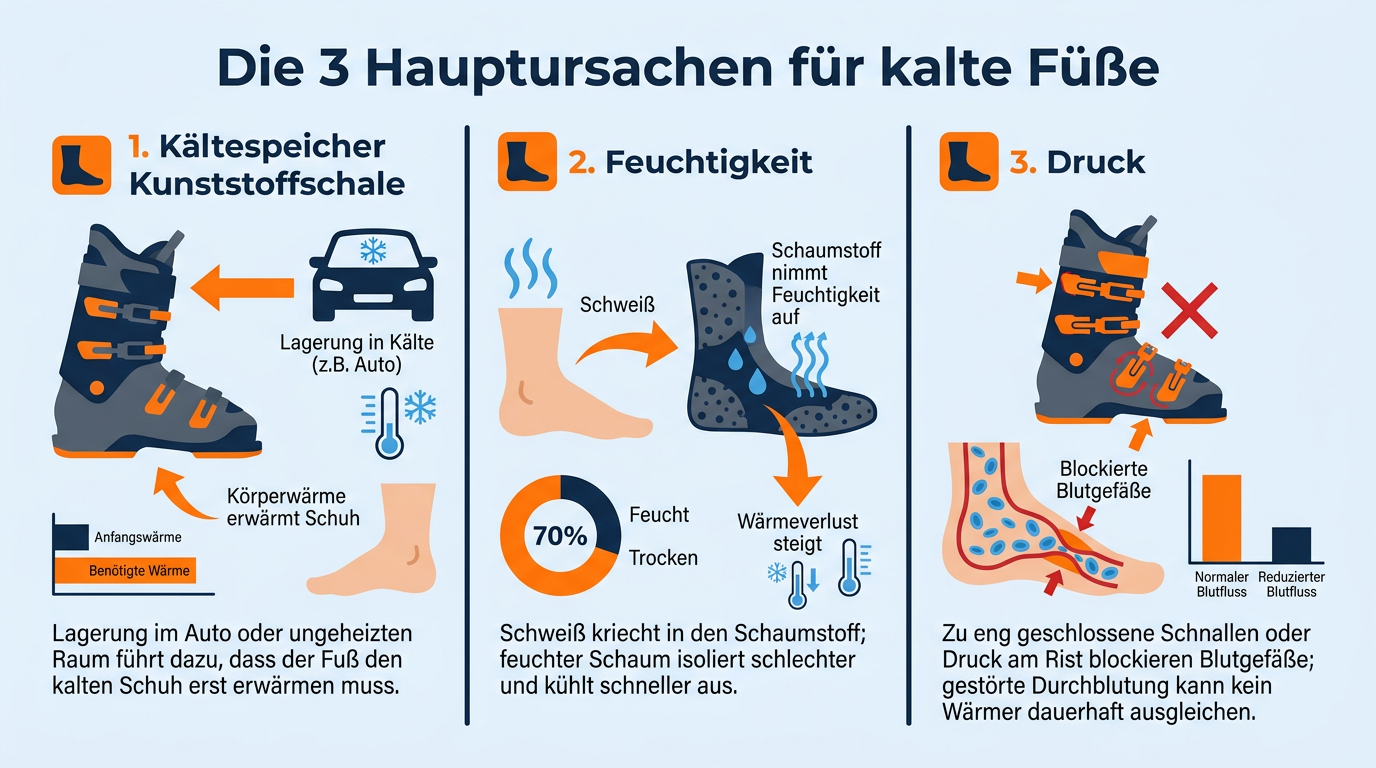 Schaubild zu den drei Auslösern für frierende Füße im Skischuh: Kältespeicher der Kunststoffschale, Feuchtigkeit im Innenschuh und Druck auf die Blutgefäße.