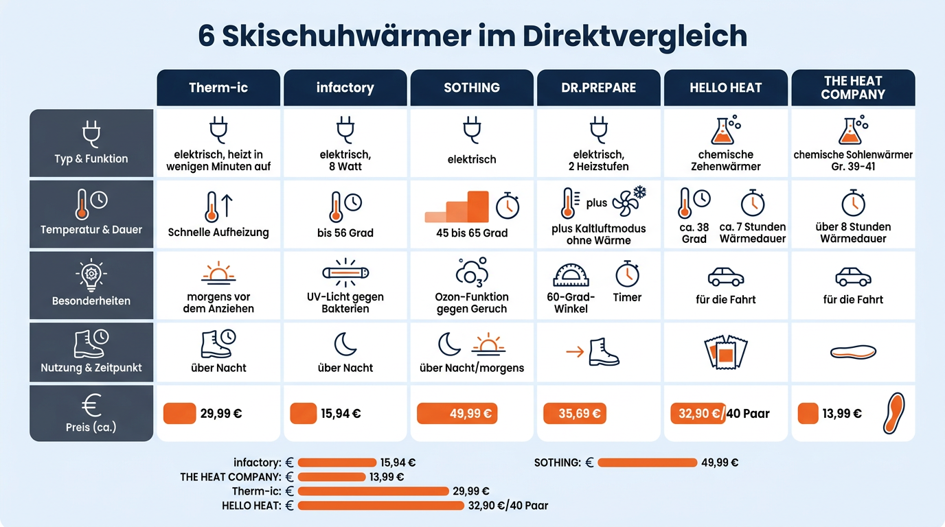 Vergleichsübersicht aller sechs vorgestellten Skischuh- und Fußwärmer mit Antriebsart, Einsatzzeit, Hauptmerkmalen und Preisen.