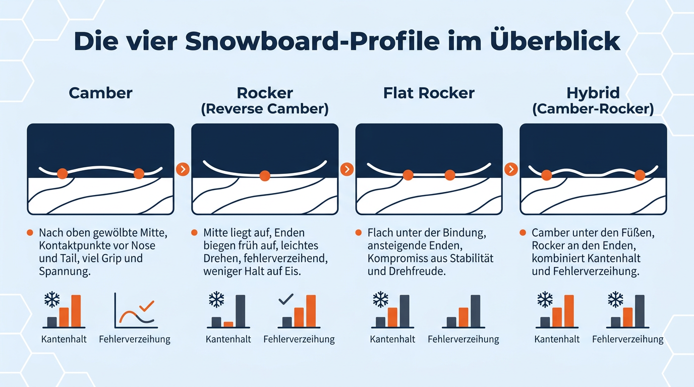 Schematische Darstellung der vier Snowboard-Profile Camber, Rocker, Flat Rocker und Hybrid mit Biegungslinie und Fahreigenschaften.