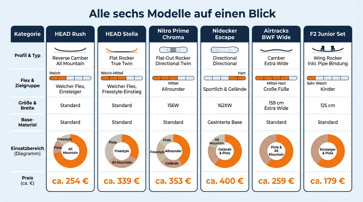 Vergleichsübersicht der sechs Snowboard-Modelle mit Profil, Ausrichtung, Fahrerprofil und Preis.