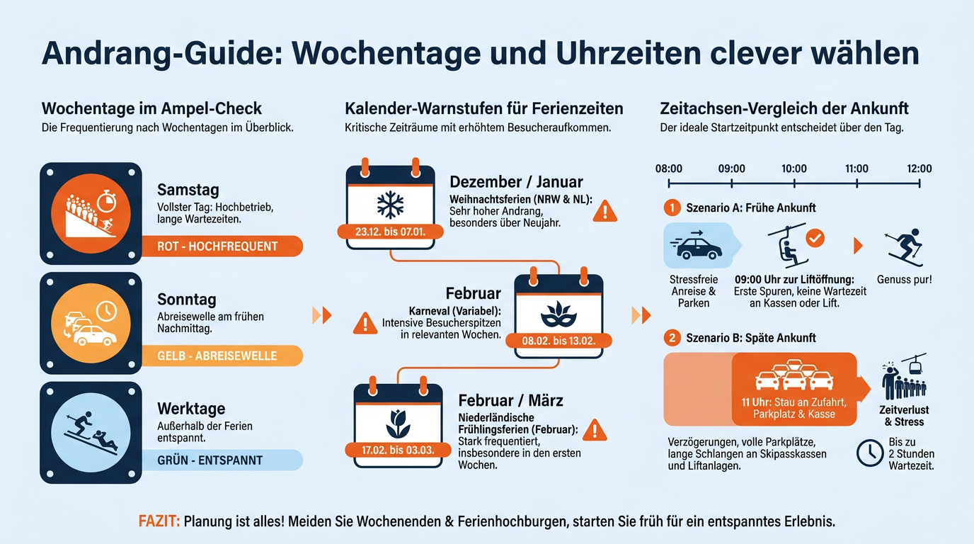 Eine Infografik stellt den Besucherandrang in Winterberg nach Wochentagen, Saisonzeiten und Uhrzeiten im Ampelsystem dar.