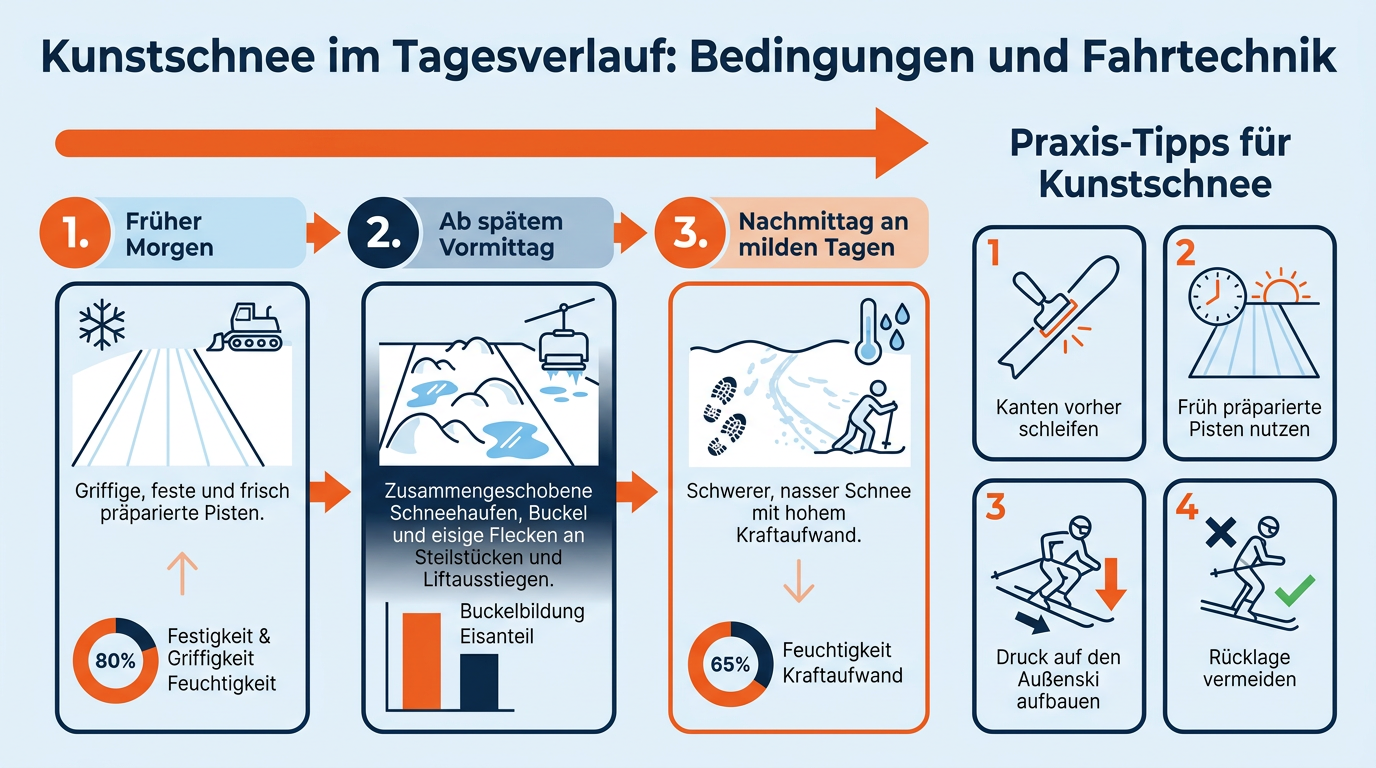 Ein Zeitstrahl veranschaulicht die typische Veränderung von Kunstschneepisten vom Morgen bis zum Nachmittag inklusive Fahrhinweisen.