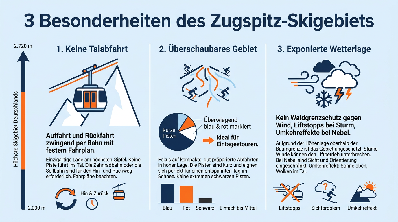 Infografik zu den drei Besonderheiten des Zugspitz-Skigebiets und ihren praktischen Auswirkungen auf den Skitag.