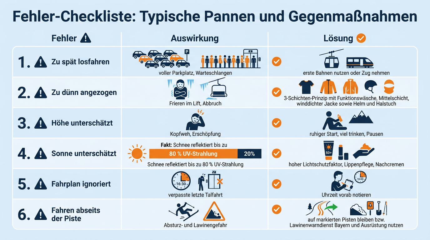 Checkliste der sechs häufigsten Fehler beim Zugspitz-Skitag samt Folgen und passenden Gegenmaßnahmen.